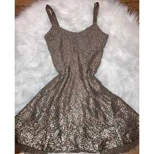 Free People Floral Brown & Gold Metallic Foil Mini Dress Sz Sm‎